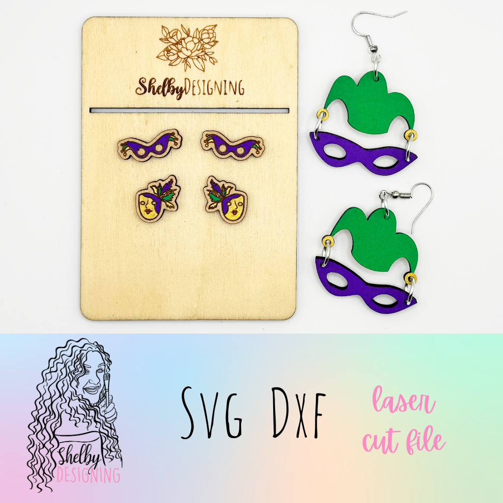 Mardi Gras Festival Studs & Mask Dangle Earring SVG DXF File