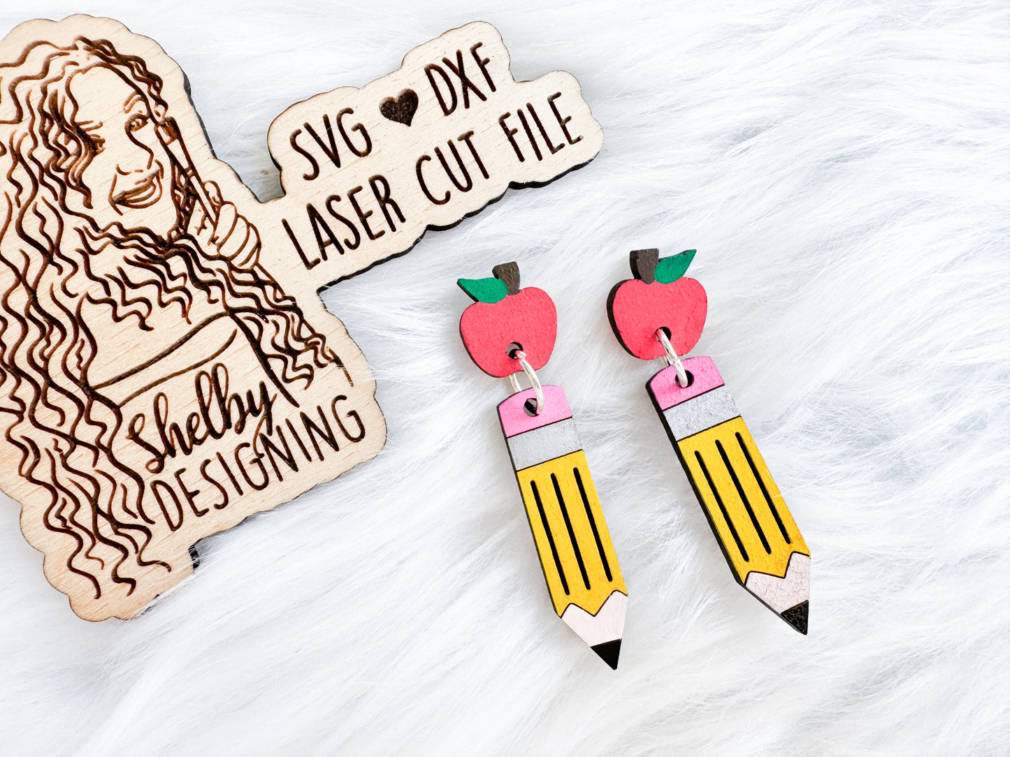Apple w Pencil 2 Piece Dangle Earring SVG DXF Digital File