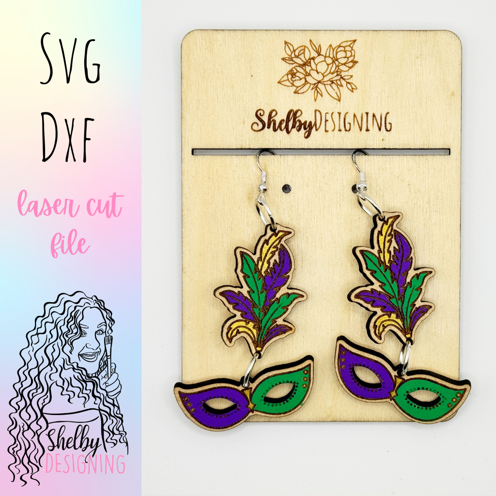 Mardi Gras 2 Piece Mask Dangle Earring SVG DXF File