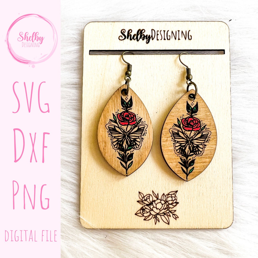 Minimalistic Floral Butterfly Dangle Earrings SVG