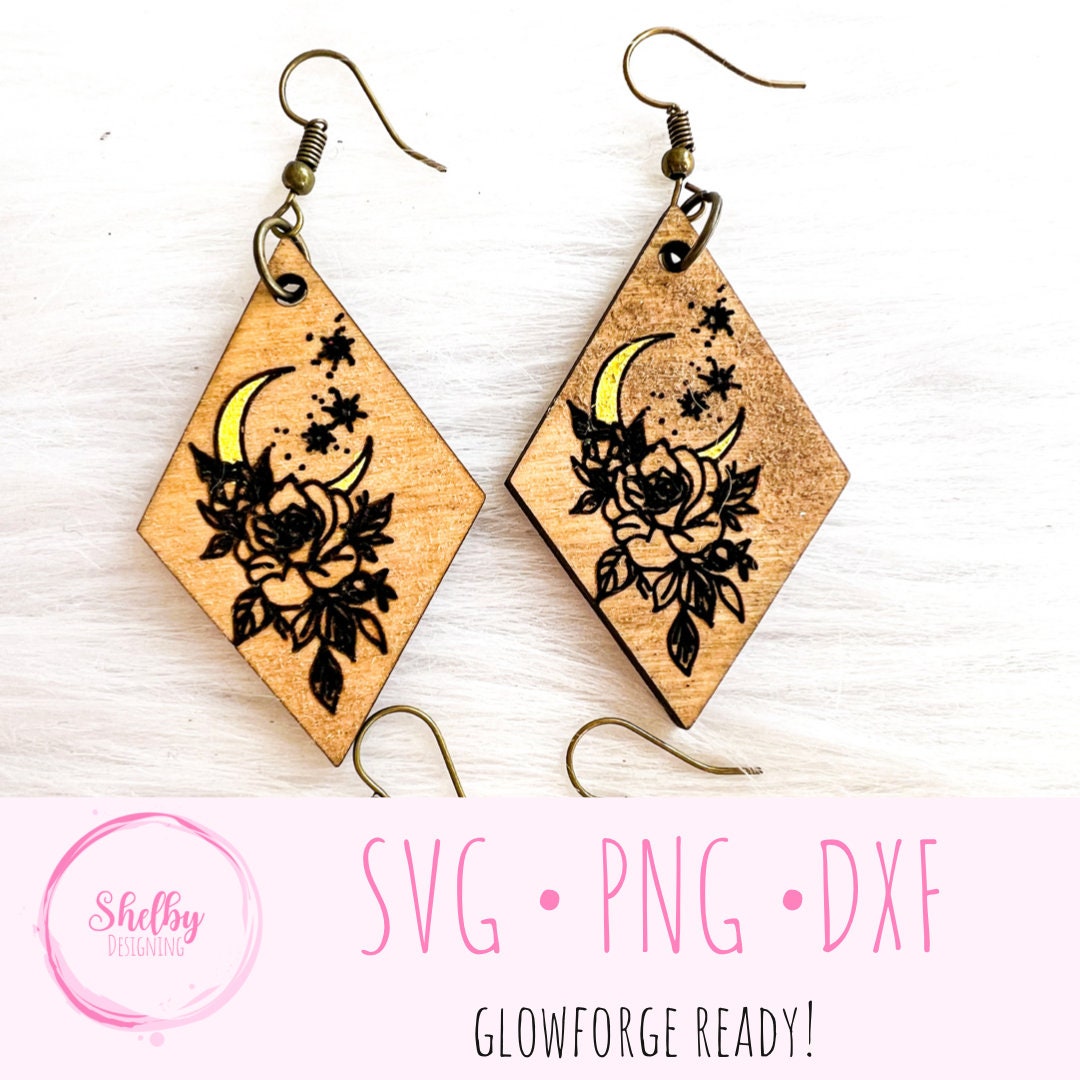 Minimalistic Moon Floral Dangle Earrings Set SVG