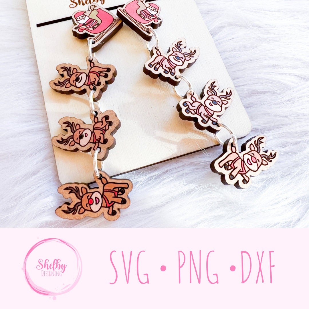 Santa Sleigh w Reindeer Dangle Earrings SVG