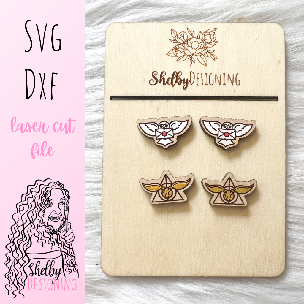 HP Owl Hogwarts Letter & Golden Snitch Stud Earrings Duo SVG