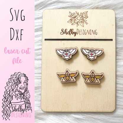 HP Owl Hogwarts Letter & Golden Snitch Stud Earrings Duo SVG