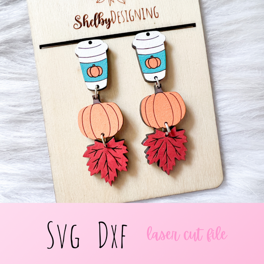 Coffee PSL Autumn Pumpkin 3 Piece Dangle Earrings SVG