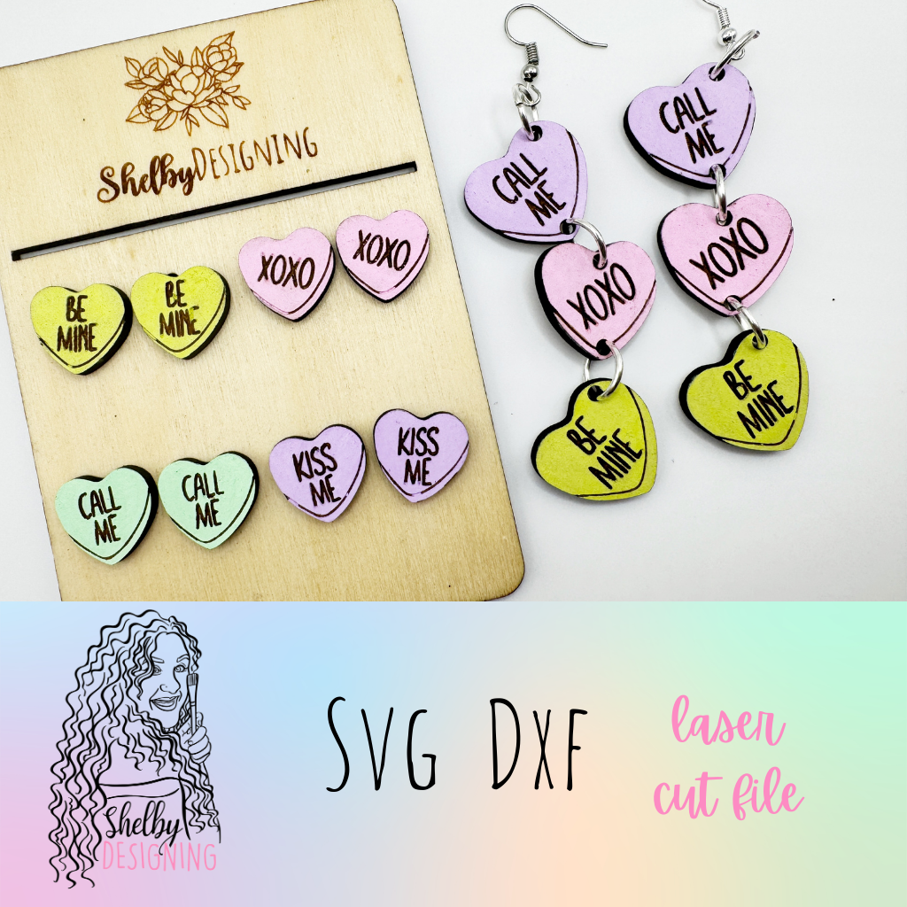 Candy Hearts Stud Earrings Set w Multi-Piece Dangle SVG