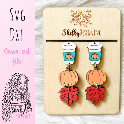 Coffee PSL Autumn Pumpkin 3 Piece Dangle Earrings SVG