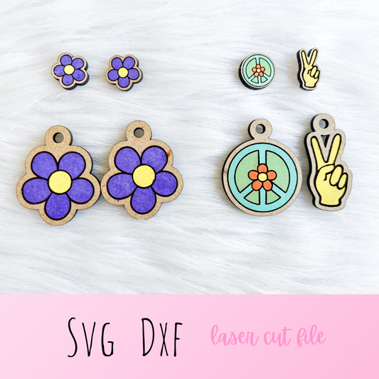 Groovy Peace Sign & Flower Stud/Dangle Earrings SVG