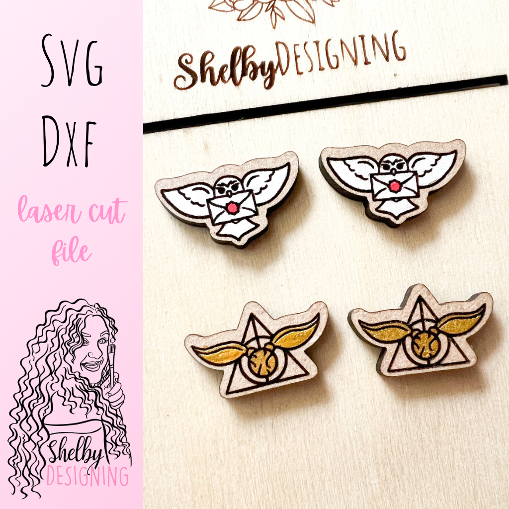 HP Owl Hogwarts Letter & Golden Snitch Stud Earrings Duo SVG