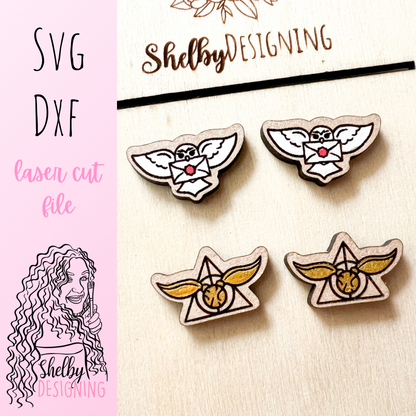HP Owl Hogwarts Letter & Golden Snitch Stud Earrings Duo SVG