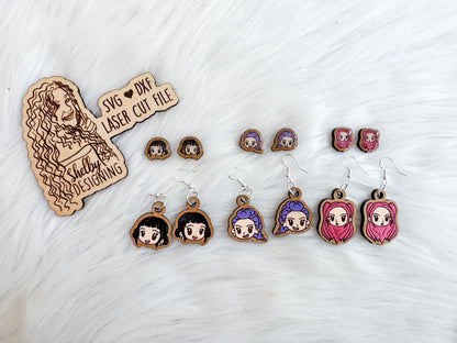 Huntrix Rumi, Mira & Zoey Character Stud + Dangle Earring Trio | SVG DXF Laser Cut File