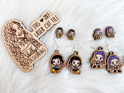 Huntrix Rumi, Mira & Zoey Chibi Stud + Dangle Earring Trio | SVG DXF Laser Cut File