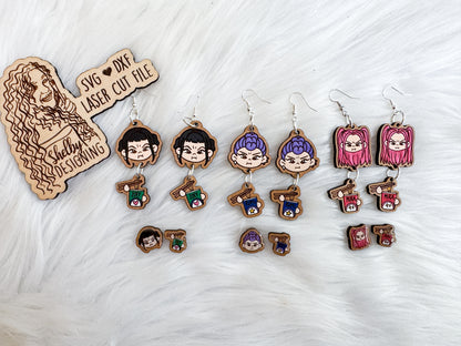Huntrix Chibi Head + Cup Dangle & Stud Earring Trio | Rumi, Mira & Zoey | SVG DXF Laser Cut File