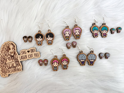 Saja Boys Chibi Character Stud + Dangle Earring Set | SVG DXF Laser Cut File