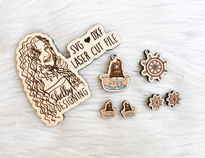 Pirate Ship & Captain's Wheel Stud/Dangle Combo Duo SVG
