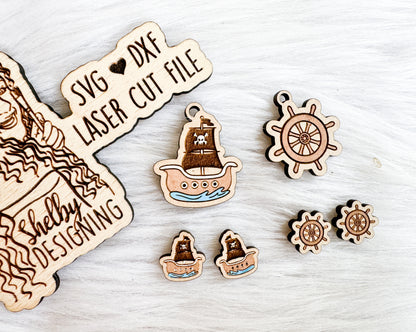 Pirate Ship & Captain's Wheel Stud/Dangle Combo Duo SVG