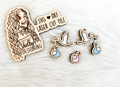Baby Stork Dangle Earrings W/ Boy & Girl Option SVG
