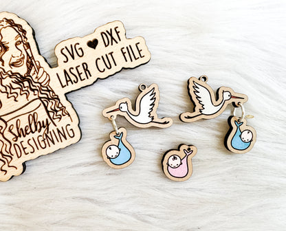 Baby Stork Dangle Earrings W/ Boy & Girl Option SVG