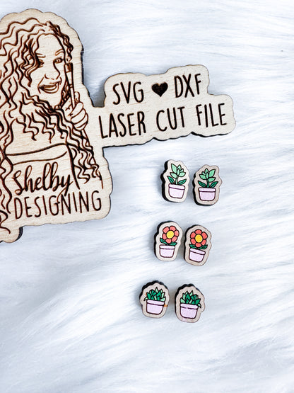 Plant Flower Pot Stud Earrings Trio SVG DXF Digital File