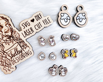 Easter Bunny Chick Sheep Stud AND Dangle Earrings Set SVG DXF Digital File