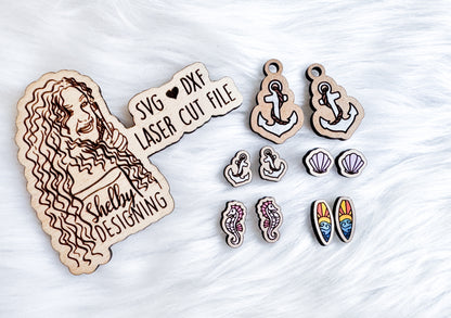 Beach Ocean Stud AND Dangle Earring Set SVG DXF Digital File