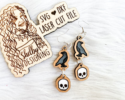 Raven & Skull 2 Piece Dangle Earrings SVG