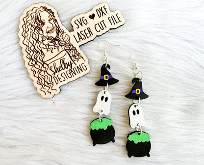 Witch Ghost Cauldron 3 Piece Dangle Earrings SVG