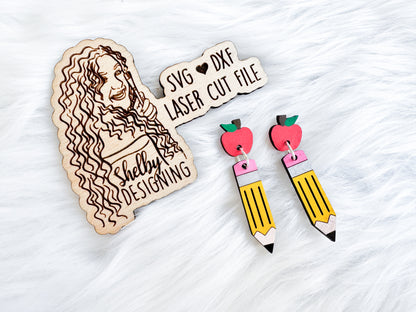 Apple w Pencil 2 Piece Dangle Earring SVG DXF Digital File