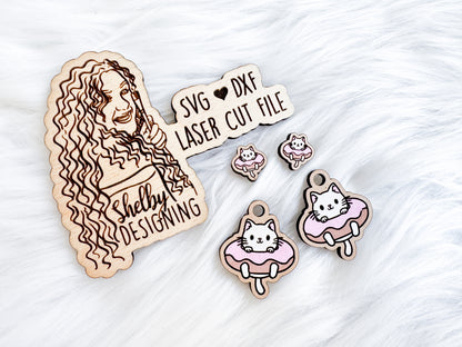 Kawaii Kitty w Pool Float Stud/Dangle Earring Combo SVG DXF Digital File