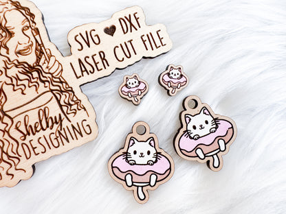 Kawaii Kitty w Pool Float Stud/Dangle Earring Combo SVG DXF Digital File