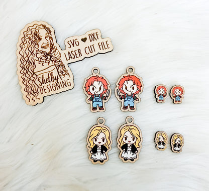 Chibi Chucky & Bride Stud + Dangle Earrings Combo SVG DXF Laser Cut File