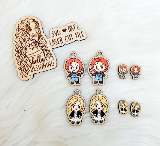 Chibi Chucky & Bride Stud + Dangle Earrings Combo SVG DXF Laser Cut File