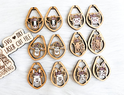 Minimalistic Floral Farm Animal Dangle Earrings SVG