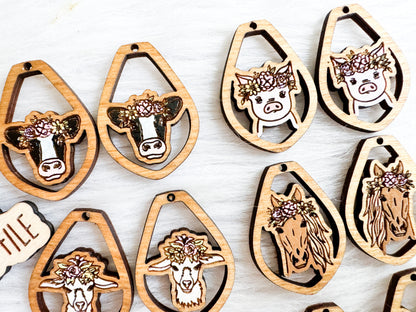 Minimalistic Floral Farm Animal Dangle Earrings SVG