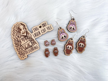 Labubu Ugly Doll Stud + Dangle Earring Duo SVG DXF Laser Cut File