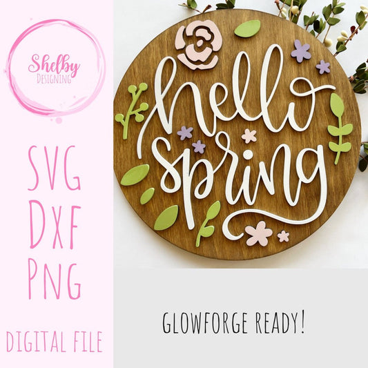 Hello Spring Wood Round Sign SVG