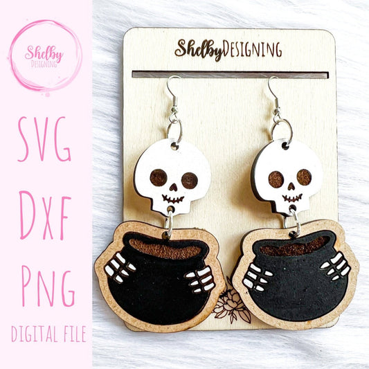 Halloween Skeleton & Cauldron Dangle Earrings SVG