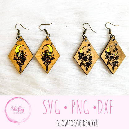 Minimalistic Moon Floral Dangle Earrings Set SVG
