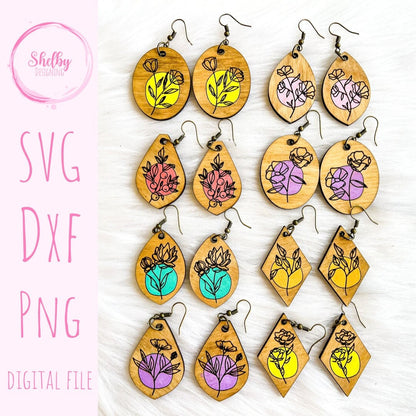 Minimalistic Line Art Floral Dangle Earrings Bundle SVG