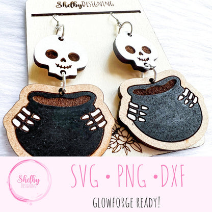 Halloween Skeleton & Cauldron Dangle Earrings SVG