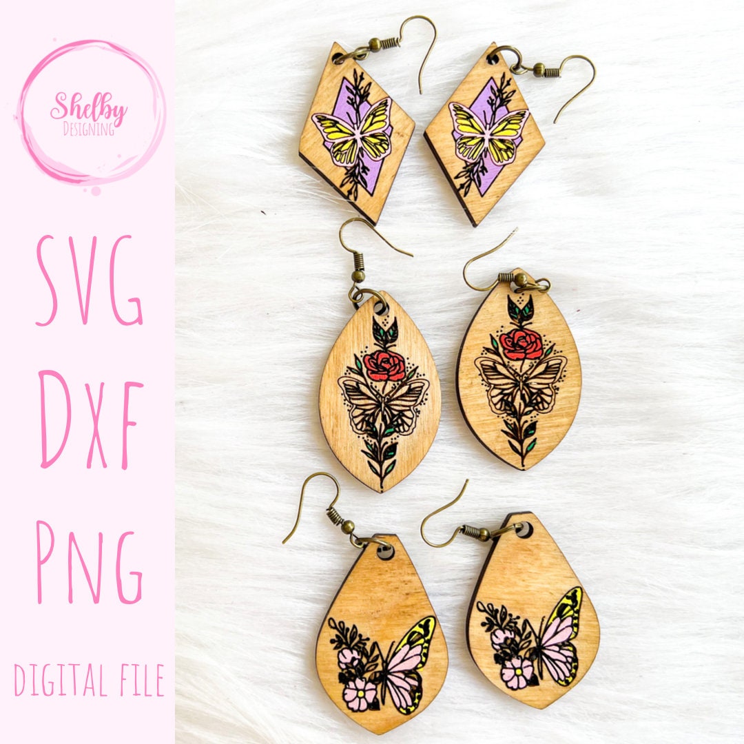 Minimalistic Floral Butterfly Dangle Earrings SVG