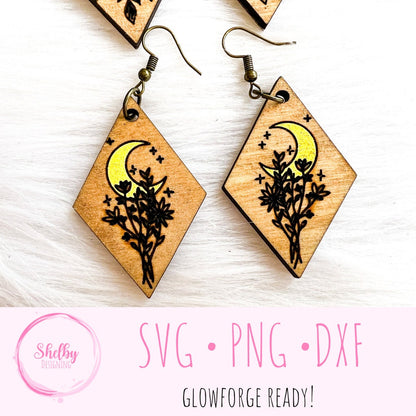 Minimalistic Moon Floral Dangle Earrings Set SVG