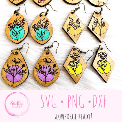 Minimalistic Line Art Floral Dangle Earrings Bundle SVG