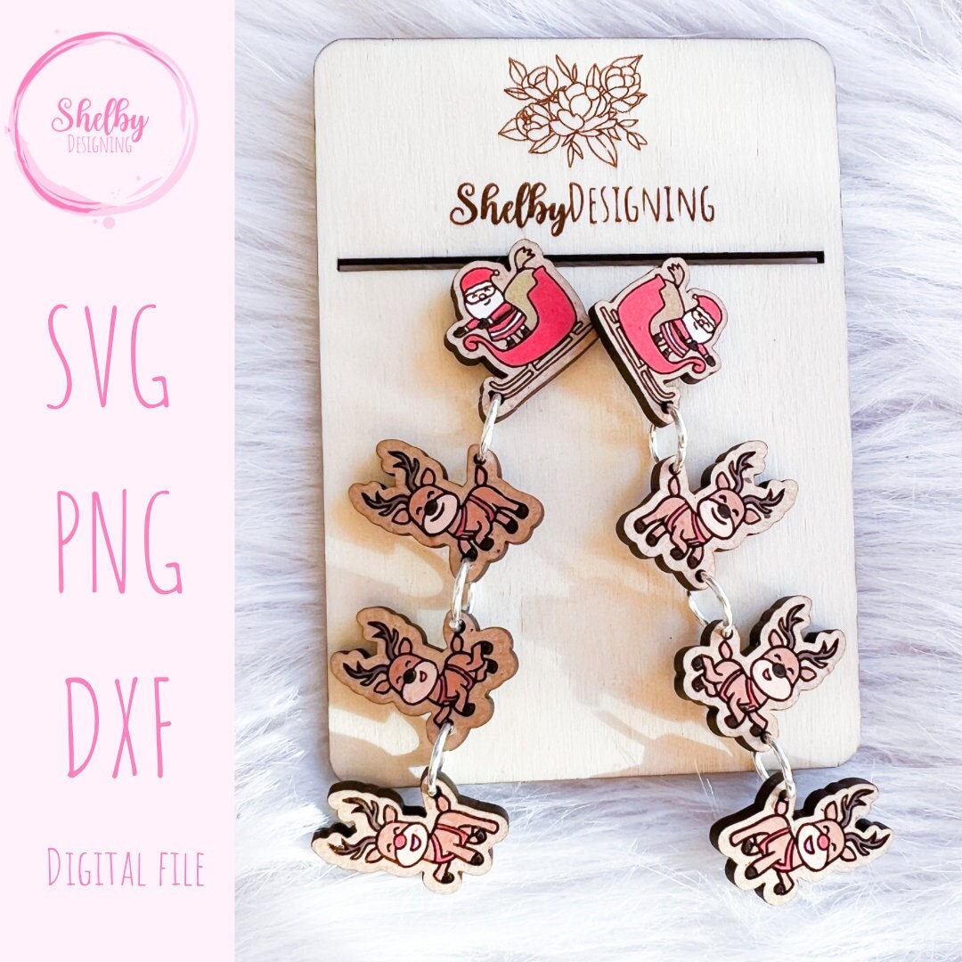 Santa Sleigh w Reindeer Dangle Earrings SVG