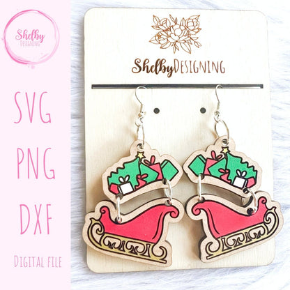Christmas Sleigh With Presents Dangle Earrings SVG