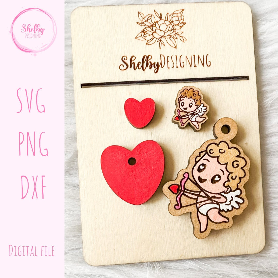 Cupid & Heart Dangle/Stud Earrings SVG