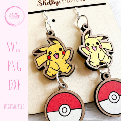 Pikachu Pokeball Dangle Earrings SVG