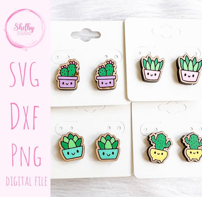 Kawaii Succulent & Cactus Stud Earrings Bundle SVG